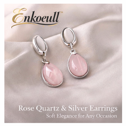 Enkoeull™ Rose Quartz & Silver Earrings – Soft Elegance for Any Occasion